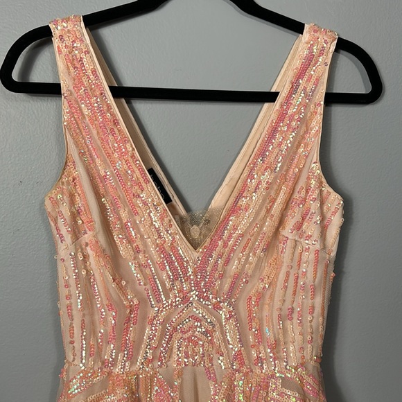 Bebe coral pink sequin double v neck flare sequin mesh top mini dress size XS - Picture 6 of 11